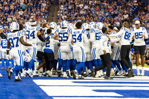 Aug 29, 2026; Indianapolis, Indiana, USA; Indianapolis Colts players celebrate a touchdown during NFL, American Football Herren, USA preseason game action against the Detroit Lions at Lucas Oil Stadium. Mandatory Credit: -Cal Media Indianapolis USA - ZUMAc04_ 20260829_zma_c04_012 Copyright: xJohnxMersitsx