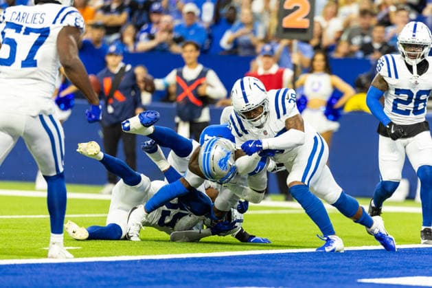 Aug 29, 2026; Indianapolis, Indiana, USA; Detroit Lions running back Jacob Saylors (25) runs with the ball during NFL, American Football Herren, USA preseason game action against the Indianapolis Colts at Lucas Oil Stadium. Mandatory Credit: -Cal Media Indianapolis USA - ZUMAc04_ 20260829_zma_c04_016 Copyright: xJohnxMersitsx
