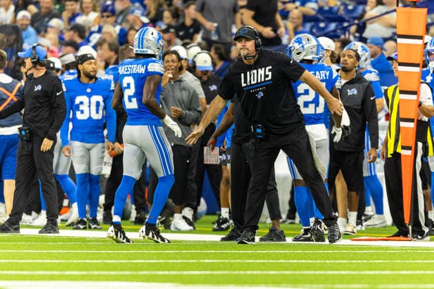 Aug 29, 2026; Indianapolis, Indiana, USA; Detroit Lions head coach Dan Campbell on the sidelines during NFL, American Football Herren, USA preseason game action against the Indianapolis Colts at Lucas Oil Stadium. Mandatory Credit: -Cal Media Indianapolis USA - ZUMAc04_ 20260829_zma_c04_020 Copyright: xJohnxMersitsx