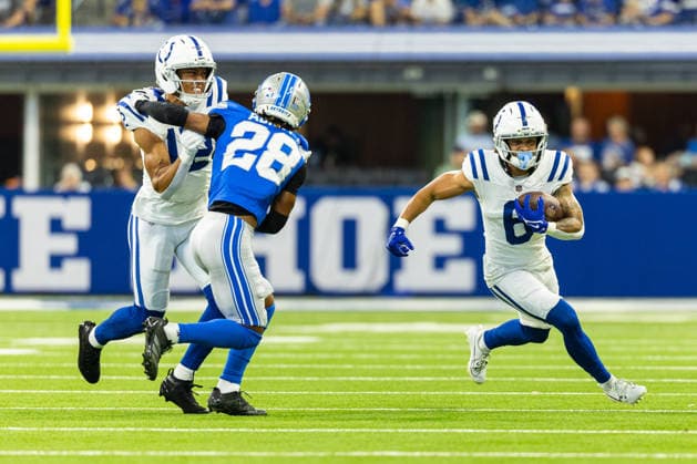 Aug 29, 2026; Indianapolis, Indiana, USA; Indianapolis Colts wide receiver Anthony Gould (6) runs with the ball during NFL, American Football Herren, USA preseason game action against the Detroit Lions at Lucas Oil Stadium. Mandatory Credit: -Cal Media NFL 2026: Lions Vs Colts AUG 29  - ZUMAc04_ 20260829_zma_c04_014 Copyright: xJohnxMersitsx