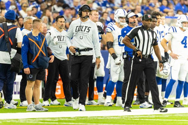 Aug 29, 2026; Indianapolis, Indiana, USA; Indianapolis Colts head coach Shane Steichen looks on during NFL, American Football Herren, USA preseason game action against the Detroit Lions at Lucas Oil Stadium. Mandatory Credit: -Cal Media NFL 2026: Lions Vs Colts AUG 29  - ZUMAc04_ 20260829_zma_c04_018 Copyright: xJohnxMersitsx