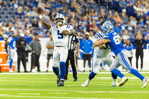 Aug 29, 2026; Indianapolis, Indiana, USA; Indianapolis Colts quarterback Anthony Richardson (5) passes the ball during NFL, American Football Herren, USA preseason game action against the Detroit Lions at Lucas Oil Stadium. Mandatory Credit: -Cal Media NFL 2026: Lions Vs Colts AUG 29  - ZUMAc04_ 20260829_zma_c04_026 Copyright: xJohnxMersitsx