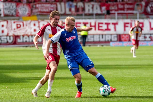 From left: David Philipp Regensburg, 8, Valentin Lässig TSG II, 6, tackle, game scene, duel, tackle, tackling, dynamism, action, 29 August 2026, Sinsheim, Germany, soccer, 3rd Division, TSG 1899 Hoffenheim II vs. SSV Jahn Regensburg, DFB and DFL regulations prohibit any use of photographs as image sequences and or quasi-video xozx