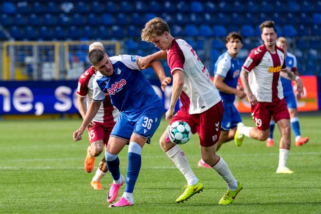 v li Jakov Dedic TSG II, 36, Leopold Wurm Regensburg, 37, tackle, game action, duel, tackle, tackling, dynamics, action, 08 29 2026, Sinsheim, Germany, soccer, 3rd Division, TSG 1899 Hoffenheim II vs. SSV Jahn Regensburg, DFB and DFL regulations prohibit any use of photographs as image sequences and or quasi-video xozx