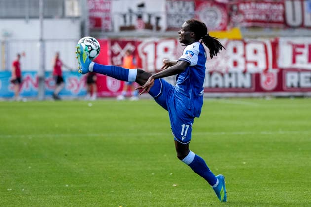Blessing Makanda TSG II, 17, on the ball, isolated figure, full-body, single frame, single photo, action, 29 Aug 2026, Sinsheim, Germany, soccer, 3rd Division, TSG 1899 Hoffenheim II vs. SSV Jahn Regensburg, DFB and DFL regulations prohibit any use of photographs as image sequences and or quasi-video xozx