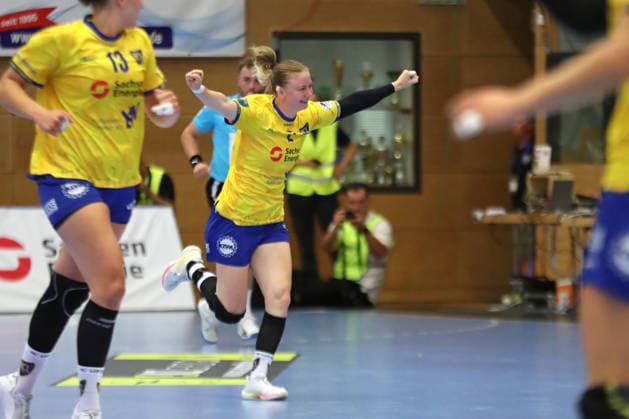 Handball, Alsco HBF1: HC Leipzig vs. Borussia Dortmund, August 29, 2026; Pauline Uhlmann 2; HC Leipzig celebrates a goal; Alsco Women s Handball Bundesliga (HBF1), 2026–2027 season, Matchday 1: HC Leipzig vs. Borussia Dortmund on August 29, 2026, at the Markranstädt Sports Center Copyright: xBEAUTIFULxSPORTS JanxKaeferx