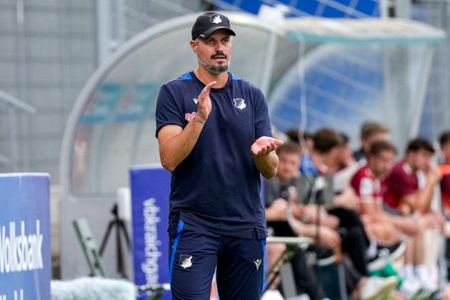 Stefan Kleineheismann, coach and head coach of TSG II, gives instructions, gesturing with his arms; single frame, single photo, action, August 29, 2026, Sinsheim, Germany, soccer, 3rd Division, TSG 1899 Hoffenheim II vs. SSV Jahn Regensburg, DFB and DFL regulations prohibit any use of photographs as image sequences and or quasi-video xozx