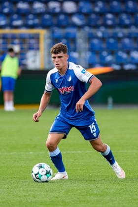 Matthew Moore TSG II, 15, with the ball, isolated figure, full-body shot, single frame, single photo, action, 29 Aug 2026, Sinsheim, Germany, soccer, 3rd Division, TSG 1899 Hoffenheim II vs. SSV Jahn Regensburg, DFB and DFL regulations prohibit any use of photographs as image sequences and or quasi-video xozx
