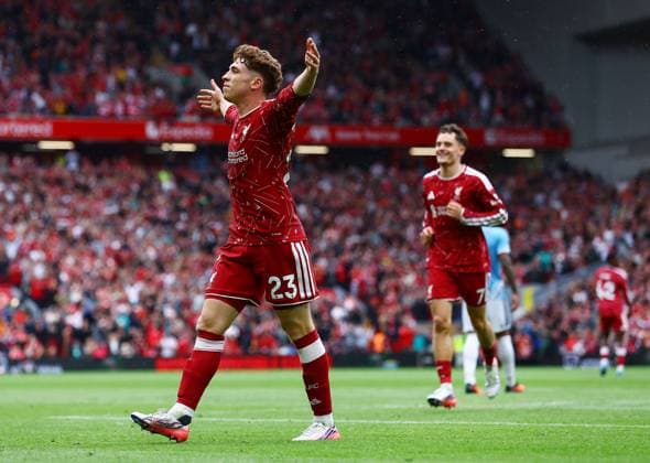 Victor Munoz of Liverpool celebrates scoring a goal to make it 2-2 Liverpool v Nottingham Forest, Premier League Football, Football, Anfield, Liverpool, UK - 29 Aug 2026Liverpool Anfield United Kingdom EDITORIAL USE ONLY No use with unauthorised audio, video, data, fixture lists, club league logos or live services. Online in-match use limited to 120 images, no video emulation. No use in betting, games or single club league player publications.  Copyright: xMattxWest Shutterstockx 17118964bg