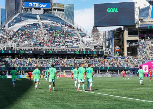 SEATTLE, WA - AUGUST 29: Wide view of stadium and digital marquee with goal scored by Seattle Sounders FC forward Dejan JoveljiÄ‡ (9) in the second half during the MLS, Fussball Herren, USA match between Chicago Fire FC and Seattle Sounders FC on August 29, 2026 at Lumen Field in Seattle, Washington. (Photo by Leslie Plaza Johnson Icon Sportswire) SOCCER: AUG 29 MLS Seattle Sounders FC vs Chicago Fire FC EDITORIAL USE ONLY Icon260829017