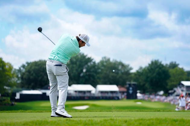 August 29, 2026, Atlanta, Georgia, USA: Alex Fitzpatrick (England) hits his tee shot on the 9th hole, during the third round at East Lake Golf Club. PGA, Golf Herren Tour TOUR Championship  - ZUMAd212 20260829_zsp_d212_035 Copyright: xRichardxDolex