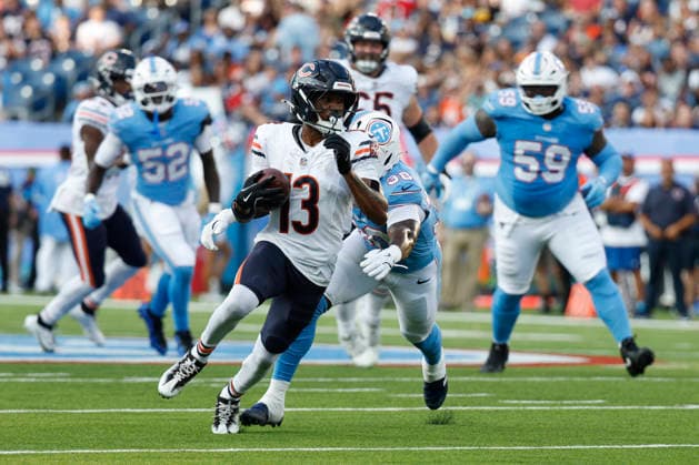 NASHVILLE, TN - AUGUST 29: Chicago Bears wide receiver Maurice Alexander (13) runs after making a catch during a preseason game between the Tennessee Titans and Chicago Bears, August 29, 2026 at Nissan Stadium in Nashville, Tennessee. (Photo by Matthew Maxey Icon Sportswire) NFL, American Football Herren, USA AUG 29 Bears at Titans EDITORIAL USE ONLY Icon260829022