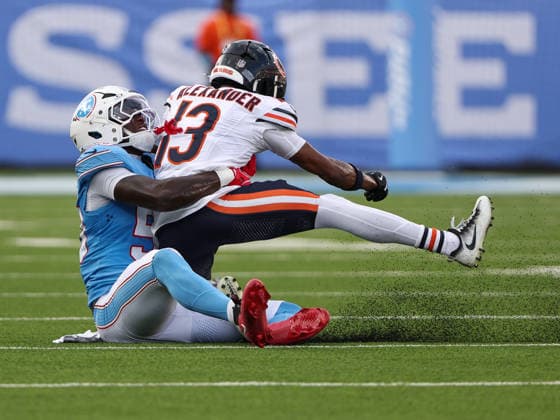 Aug 29, 2026; Nashville, Tennessee, USA; Chicago Bears wide receiver Maurice Alexander (13) is tackled by Tennessee Titans defensive tackle Khalen Saunders (59) during the NFL, American Football Herren, USA preseason game between the Chicago Bears and the Tennessee Titans at Nissan Stadium (Nashville). Mandatory Credit: -Cal Media Nashville USA - ZUMAc04_ 20260829_zma_c04_082 Copyright: xStephenxFurstx