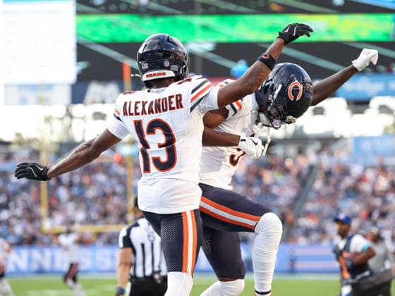 Aug 29, 2026; Nashville, Tennessee, USA; Chicago Bears wide receiver Maurice Alexander (13) celebrates with Chicago Bears wide receiver Jahdae Walker (9) during the NFL, American Football Herren, USA preseason game between the Chicago Bears and the Tennessee Titans at Nissan Stadium (Nashville). Mandatory Credit: -Cal Media Nashville USA - ZUMAc04_ 20260829_zma_c04_088 Copyright: xStephenxFurstx