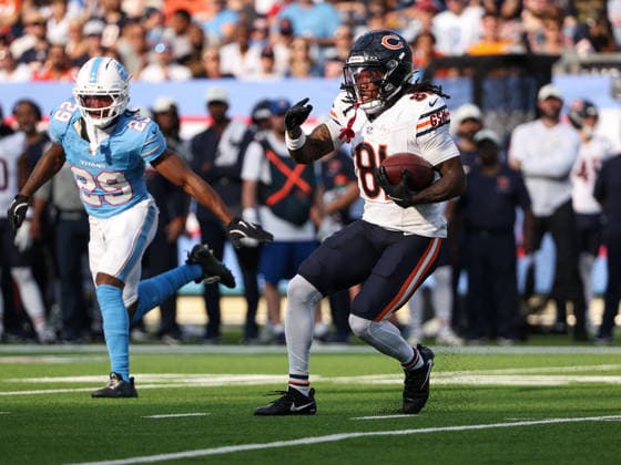 Aug 29, 2026; Nashville, Tennessee, USA; Chicago Bears wide receiver Zavion Thomas (81) makes a move after receiving the ball during the NFL, American Football Herren, USA preseason game between the Chicago Bears and the Tennessee Titans at Nissan Stadium (Nashville). Mandatory Credit: -Cal Media Nashville USA - ZUMAc04_ 20260829_zma_c04_092 Copyright: xStephenxFurstx