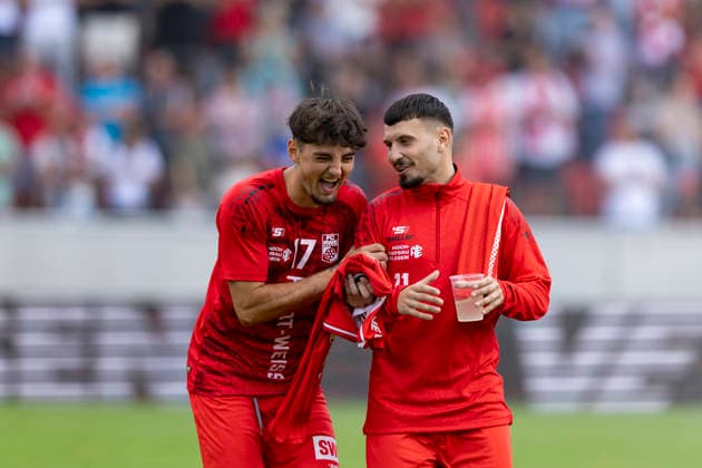 Regionalliga Northeast: FC Rot-Weiß Erfurt vs. BFC Preussen Erfurt, August 29, 2026. Dustin Forkel (17, FC Rot-Weiß Erfurt) on the left and Stanislav Fehler (11, FC Rot-Weiß Erfurt) on the right. Regionalliga Northeast: FC Rot-Weiß Erfurt vs. BFC Preussen, Steigerwaldstadion, Erfurt August 29, 2026 Copyright: xBEAUTIFULxSPORTS Duehringx