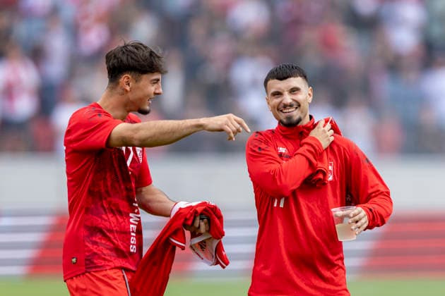 Regionalliga Northeast: FC Rot-Weiß Erfurt vs. BFC Preussen Erfurt, August 29, 2026. Dustin Forkel (17, FC Rot-Weiß Erfurt) on the left and Stanislav Fehler (11, FC Rot-Weiß Erfurt) on the right. Regionalliga Northeast: FC Rot-Weiß Erfurt vs. BFC Preussen, Steigerwaldstadion, Erfurt August 29, 2026 Copyright: xBEAUTIFULxSPORTS Duehringx