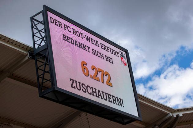 Regionalliga Nordost: FC Rot Weiß Erfurt vs. BFC Preussen Erfurt, August 29, 2026; Scoreboard showing attendance: 6,272; Regionalliga Nordost: FC Rot Weiß Erfurt vs. BFC Preussen, Steigerwaldstadion, Erfurt, August 29, 2026 Copyright: xBEAUTIFULxSPORTS Duehringx