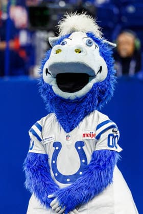 Aug 29, 2026; Indianapolis, Indiana, USA; Indianapolis Colts mascot Blue performs during NFL, American Football Herren, USA preseason game against the Detroit Lions at Lucas Oil Stadium. Mandatory Credit: -Cal Media - ZUMAc04_ 20260829_zma_c04_169 Copyright: xJohnxMersitsx