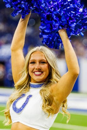 Aug 29, 2026; Indianapolis, Indiana, USA; Indianapolis Colts cheerleader performs during NFL, American Football Herren, USA preseason game against the Detroit Lions at Lucas Oil Stadium. Mandatory Credit: -Cal Media - ZUMAc04_ 20260829_zma_c04_178 Copyright: xJohnxMersitsx