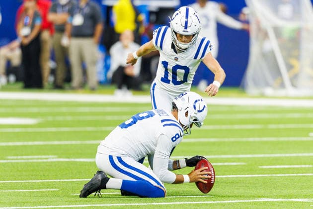 Aug 29, 2026; Indianapolis, Indiana, USA; Indianapolis Colts kicker Blake Grupe (10) kicks field goal out of the hold by Indianapolis Colts punter Rigoberto Sanchez (8) during NFL, American Football Herren, USA preseason game action against the Detroit Lions at Lucas Oil Stadium. Mandatory Credit: -Cal Media - ZUMAc04_ 20260829_zma_c04_181 Copyright: xJohnxMersitsx