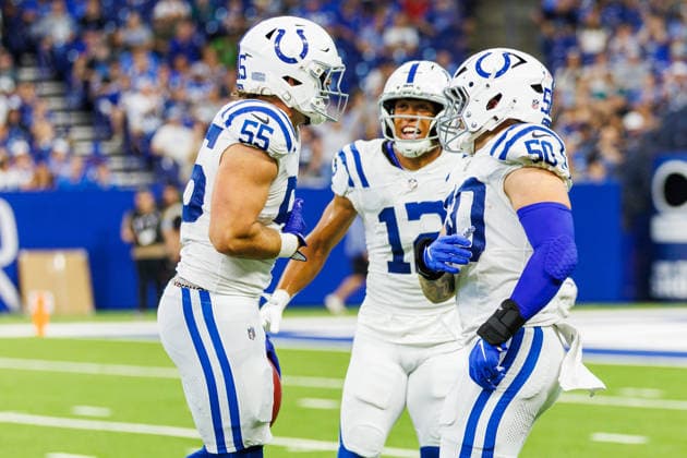 NFL, American Football Herren, USA 2026: Lions Vs Colts AUG 29 Aug 29, 2026; Indianapolis, Indiana, USA; Indianapolis Colts defensive lineman Caden Curry (55), Indianapolis Colts wide receiver Nick Westbrook-Ikhine (12), and Indianapolis Colts linebacker Bryce Boettcher (50) react to a fumble recovery during NFL preseason game action against the Detroit Lions at Lucas Oil Stadium. Mandatory Credit: John Mersits-Cal Media (Credit Image: Â John Mersits Cal Sport Media) EDITORIAL USE ONLY Copyright: xx ZUMA-20260829_zma_c04_187.jpg JohnxMersitsx csmphotothree515394
