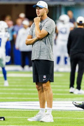 Aug 29, 2026; Indianapolis, Indiana, USA; Detroit Lions quarterback Jared Goff (16) during pregame of NFL, American Football Herren, USA preseason game action against the Indianapolis Colts at Lucas Oil Stadium. Mandatory Credit: -Cal Media NFL 2026: Lions Vs Colts AUG 29  - ZUMAc04_ 20260829_zma_c04_177 Copyright: xJohnxMersitsx