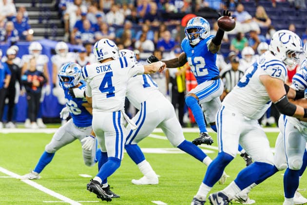 Aug 29, 2026; Indianapolis, Indiana, USA; Detroit Lions defensive back Aamaris Brown (42) knocks down pass by Indianapolis Colts quarterback Easton Stick (4) during NFL, American Football Herren, USA preseason game action at Lucas Oil Stadium. Mandatory Credit: -Cal Media NFL 2026: Lions Vs Colts AUG 29  - ZUMAc04_ 20260829_zma_c04_186 Copyright: xJohnxMersitsx