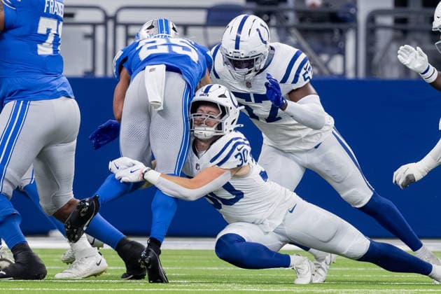 August 29, 2026, Indianapolis, Indiana, U.S: Detroit Lions running back Jacob Saylors (25) is wrapped up by Indianapolis Colts safety Hunter Wohler (30) on a run during the preseason game between the Detroit Lions and the Indianapolis Colts at Lucas Oil Stadium, Indianapolis, Indiana. Indianapolis U.S - ZUMAs304 20260829_zaf_s304_044 Copyright: xScottxStuartx