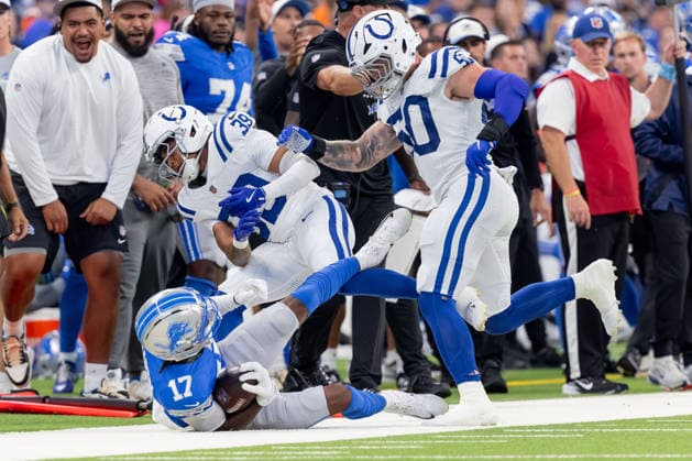 August 29, 2026, Indianapolis, Indiana, U.S: Detroit Lions wide receiver Tay Martin (17) is tackled by Indianapolis Colts defensive back Rob Carter Jr. (39) and Indianapolis Colts linebacker Bryce Boettcher (50) during the preseason game between the Detroit Lions and the Indianapolis Colts at Lucas Oil Stadium, Indianapolis, Indiana. Indianapolis U.S - ZUMAs304 20260829_zaf_s304_045 Copyright: xScottxStuartx