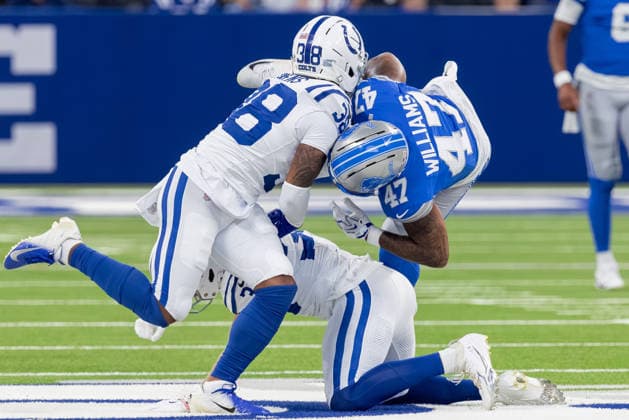 August 29, 2026, Indianapolis, Indiana, U.S: Detroit Lions running back Treyveon Williams (47) is upended by Indianapolis Colts safety Hunter Wohler (30) on a run during the preseason game between the Detroit Lions and the Indianapolis Colts at Lucas Oil Stadium, Indianapolis, Indiana. Indianapolis U.S - ZUMAs304 20260829_zaf_s304_051 Copyright: xScottxStuartx