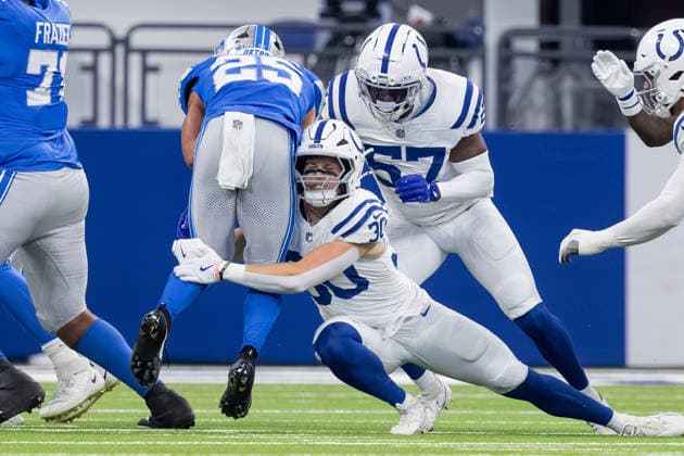 August 29, 2026, Indianapolis, Indiana, U.S: Detroit Lions running back Jacob Saylors (25) is wrapped up by Indianapolis Colts safety Hunter Wohler (30) on a run during the preseason game between the Detroit Lions and the Indianapolis Colts at Lucas Oil Stadium, Indianapolis, Indiana. Indianapolis U.S - ZUMAs304 20260829_zaf_s304_061 Copyright: xScottxStuartx