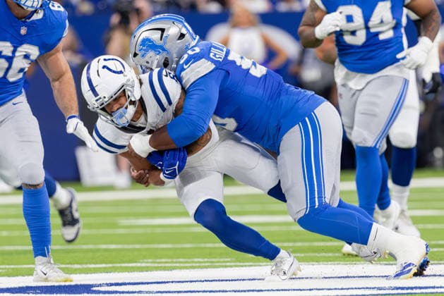 August 29, 2026, Indianapolis, Indiana, U.S: Indianapolis Colts wide receiver Anthony Gould (6) is tackled by Detroit Lions defensive lineman Skyler Gill-Howard (50) after a catch and run during the preseason game between the Detroit Lions and the Indianapolis Colts at Lucas Oil Stadium, Indianapolis, Indiana. NFL, American Football Herren, USA 2026 Lions 25-16 Colts  - ZUMAs304 20260829_zaf_s304_072 Copyright: xScottxStuartx
