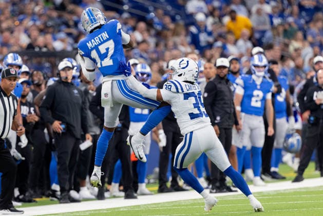 August 29, 2026, Indianapolis, Indiana, U.S: Detroit Lions wide receiver Tay Martin (17) catches a pass over Indianapolis Colts defensive back Rob Carter Jr. (39) during the preseason game between the Detroit Lions and the Indianapolis Colts at Lucas Oil Stadium, Indianapolis, Indiana. NFL, American Football Herren, USA 2026 Lions 25-16 Colts  - ZUMAs304 20260829_zaf_s304_075 Copyright: xScottxStuartx