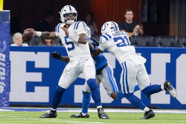 August 29, 2026, Indianapolis, Indiana, U.S: Indianapolis Colts quarterback Anthony Richardson (5) passes under pressure during the preseason game between the Detroit Lions and the Indianapolis Colts at Lucas Oil Stadium, Indianapolis, Indiana. NFL, American Football Herren, USA 2026 Lions 25-16 Colts  - ZUMAs304 20260829_zaf_s304_085 Copyright: xScottxStuartx