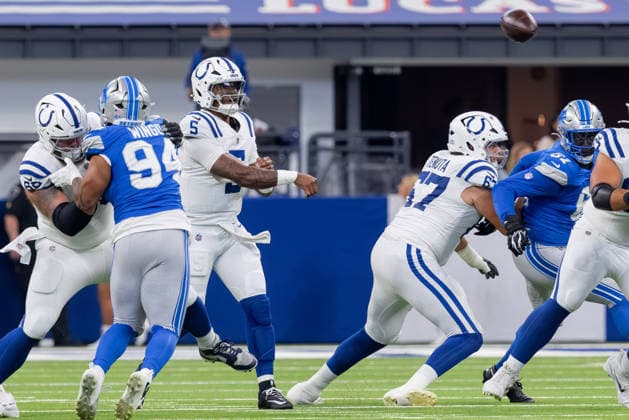 August 29, 2026, Indianapolis, Indiana, U.S: Indianapolis Colts quarterback Anthony Richardson (5) passes from the pocket during the preseason game between the Detroit Lions and the Indianapolis Colts at Lucas Oil Stadium, Indianapolis, Indiana. Indianapolis U.S - ZUMAs304 20260829_zaf_s304_091 Copyright: xScottxStuartx