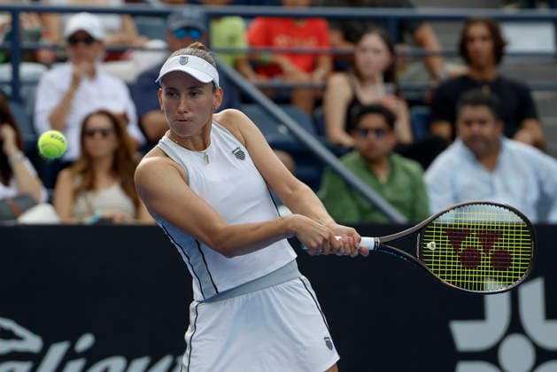 August 29, 2026, Monterrey, Nuevo Leon, Mexico: Elise Mertens (BEL) in action against Diane Parry (FRA) during the Monterrey Open WTA, Tennis Damen 500 final at the GNP Stadium in Monterrey, Nuevo Leon. Monterrey Mexico - ZUMAo125 20260829_zip_o125_001 Copyright: xAntonioxOjedax