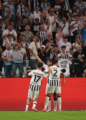 Juventus v Parma - Serie A - Allianz Stadium Turin, Italy, 29th August 2026. Nico Gonzalez of Juventus celebrates with team mates Mehmet Celik and Kerim Alajbegovic after scoring to give the hosts a 1-0 lead during the Juventus vs Parma Serie A match at Allianz Stadium, Turin. Picture credit should read: Jonathan Moscrop Turin Allianz Stadium Italy