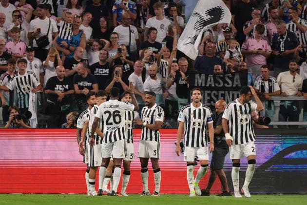 Juventus v Parma - Serie A - Allianz Stadium Turin, Italy, 29th August 2026. Nico Gonzalez of Juventus celebrates with team mates Douglas Luiz, Kerim Alajbegovic, Gleison Bremer, Gleison Bremer, Francisco Conceicao, Mehmet Celik and Jhon Lucumi after scoring to give the hosts a 1-0 lead during the Juventus vs Parma Serie A match at Allianz Stadium, Turin. Picture credit should read: Jonathan Moscrop Turin Allianz Stadium Italy
