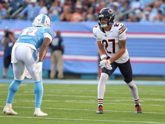 NFL, American Football Herren, USA 2026: Bears Vs Titans AUG 29 Aug 29, 2026; Nashville, Tennessee, USA; Chicago Bears wide receiver Kaden Davis (27) lines up against Tennessee Titans safety Erick Hallett II (41) during the NFL preseason game between the Chicago Bears and the Tennessee Titans at Nissan Stadium (Nashville). Mandatory Credit: Stephen Furst-Cal Media (Credit Image: Â Stephen Furst Cal Sport Media) Nashville Tennessee USA EDITORIAL USE ONLY Copyright: xx ZUMA-20260829_zma_c04_207.jpg StephenxFurstx csmphotothree515425