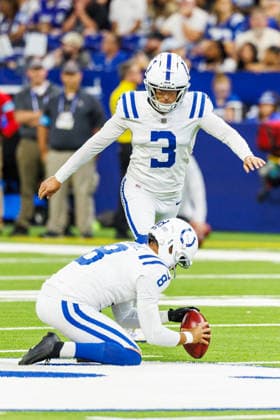 Aug 29, 2026; Indianapolis, Indiana, USA; Indianapolis Colts kicker Spencer Shrader (3) kicks a field goal out of the hold by Indianapolis Colts punter Rigoberto Sanchez (8) during NFL, American Football Herren, USA preseason game action against the Detroit Lions at Lucas Oil Stadium. Mandatory Credit: -Cal Media NFL 2026: Lions Vs Colts AUG 29  - ZUMAc04_ 20260829_zma_c04_232 Copyright: xJohnxMersitsx