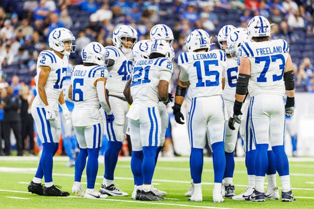 Aug 29, 2026; Indianapolis, Indiana, USA; Indianapolis Colts offense huddles during NFL, American Football Herren, USA preseason game action against the Detroit Lions at Lucas Oil Stadium. Mandatory Credit: -Cal Media Indianapolis USA - ZUMAc04_ 20260829_zma_c04_224 Copyright: xJohnxMersitsx