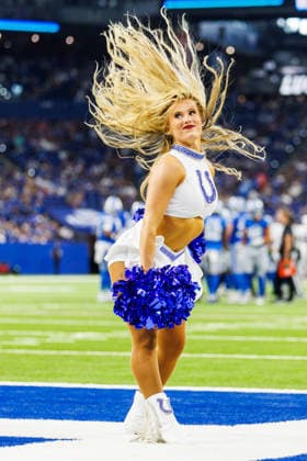 Aug 29, 2026; Indianapolis, Indiana, USA; Indianapolis Colts cheerleader performs during NFL, American Football Herren, USA preseason game action against the Detroit Lions at Lucas Oil Stadium. Mandatory Credit: -Cal Media Indianapolis USA - ZUMAc04_ 20260829_zma_c04_234 Copyright: xJohnxMersitsx