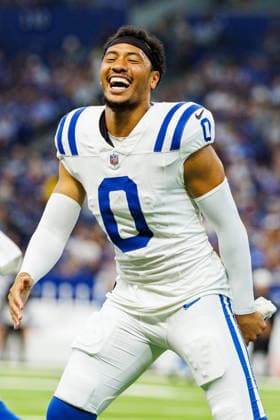 Aug 29, 2026; Indianapolis, Indiana, USA; Indianapolis Colts safety Cam Bynum (0) celebrates during NFL, American Football Herren, USA preseason game action against the Detroit Lions at Lucas Oil Stadium. Mandatory Credit: -Cal Media NFL 2026: Lions Vs Colts AUG 29  - ZUMAc04_ 20260829_zma_c04_255 Copyright: xJohnxMersitsx