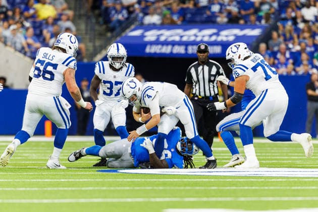 Aug 29, 2026; Indianapolis, Indiana, USA; Detroit Lions defensive lineman Myles Adams (96) makes the tackle on Indianapolis Colts quarterback Easton Stick (4) during NFL, American Football Herren, USA preseason game action at Lucas Oil Stadium. Mandatory Credit: -Cal Media NFL 2026: Lions Vs Colts AUG 29  - ZUMAc04_ 20260829_zma_c04_258 Copyright: xJohnxMersitsx