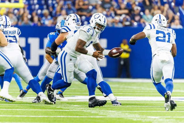 NFL, American Football Herren, USA 2026: Lions Vs Colts AUG 29 Aug 29, 2026; Indianapolis, Indiana, USA; Indianapolis Colts quarterback Anthony Richardson Sr. (5) pivots with the ball during NFL preseason game action against the Detroit Lions at Lucas Oil Stadium. Mandatory Credit: John Mersits-Cal Media (Credit Image: Â John Mersits Cal Sport Media) Indianapolis Indiana USA EDITORIAL USE ONLY Copyright: xx ZUMA-20260829_zma_c04_235.jpg JohnxMersitsx csmphotothree515430