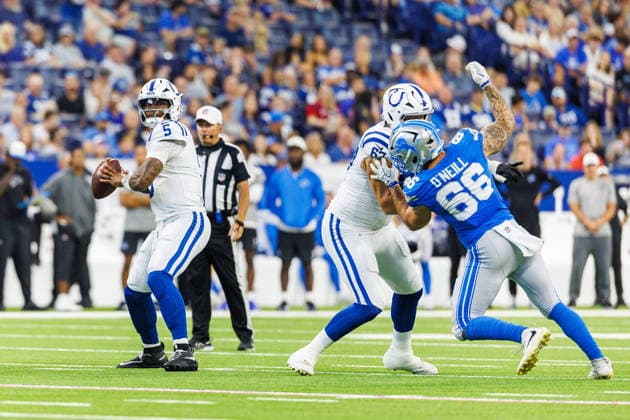 NFL, American Football Herren, USA 2026: Lions Vs Colts AUG 29 Aug 29, 2026; Indianapolis, Indiana, USA; Indianapolis Colts quarterback Anthony Richardson (5) passes the ball during NFL preseason game action against the Detroit Lions at Lucas Oil Stadium. Mandatory Credit: John Mersits-Cal Media (Credit Image: Â John Mersits Cal Sport Media) Indianapolis Indiana USA EDITORIAL USE ONLY Copyright: xx ZUMA-20260829_zma_c04_225.jpg JohnxMersitsx csmphotothree515440