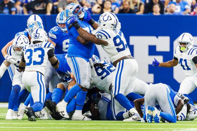 Aug 29, 2026; Indianapolis, Indiana, USA; Detroit Lions offensive lineman Melvin Priestly (74) and Indianapolis Colts defensive lineman Tim Smith (93) battle at the line during NFL, American Football Herren, USA preseason game action at Lucas Oil Stadium. Mandatory Credit: -Cal Media NFL 2026: Lions Vs Colts AUG 29  - ZUMAc04_ 20260829_zma_c04_269 Copyright: xJohnxMersitsx