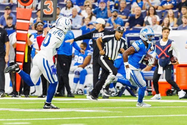 Aug 29, 2026; Indianapolis, Indiana, USA; Detroit Lions wide receiver Lucky Jackson (11) runs with the ball during NFL, American Football Herren, USA preseason game action against the Indianapolis Colts at Lucas Oil Stadium. Mandatory Credit: -Cal Media Indianapolis USA - ZUMAc04_ 20260829_zma_c04_246 Copyright: xJohnxMersitsx
