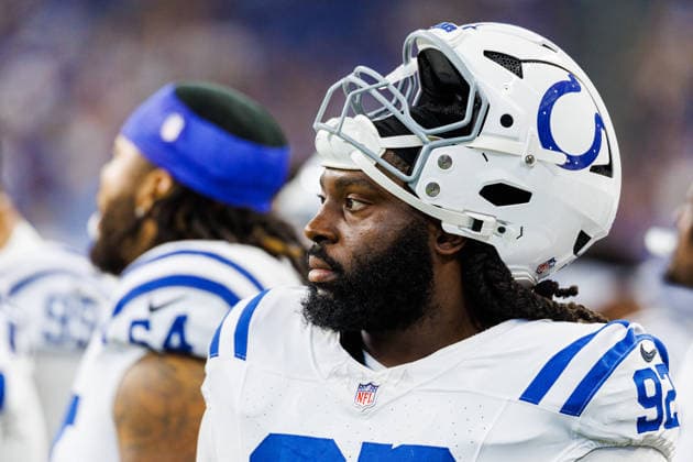 Aug 29, 2026; Indianapolis, Indiana, USA; Indianapolis Colts defensive tackle Derrick Nnadi (92) during NFL, American Football Herren, USA preseason game action against the Detroit Lions at Lucas Oil Stadium. Mandatory Credit: -Cal Media Indianapolis USA - ZUMAc04_ 20260829_zma_c04_263 Copyright: xJohnxMersitsx